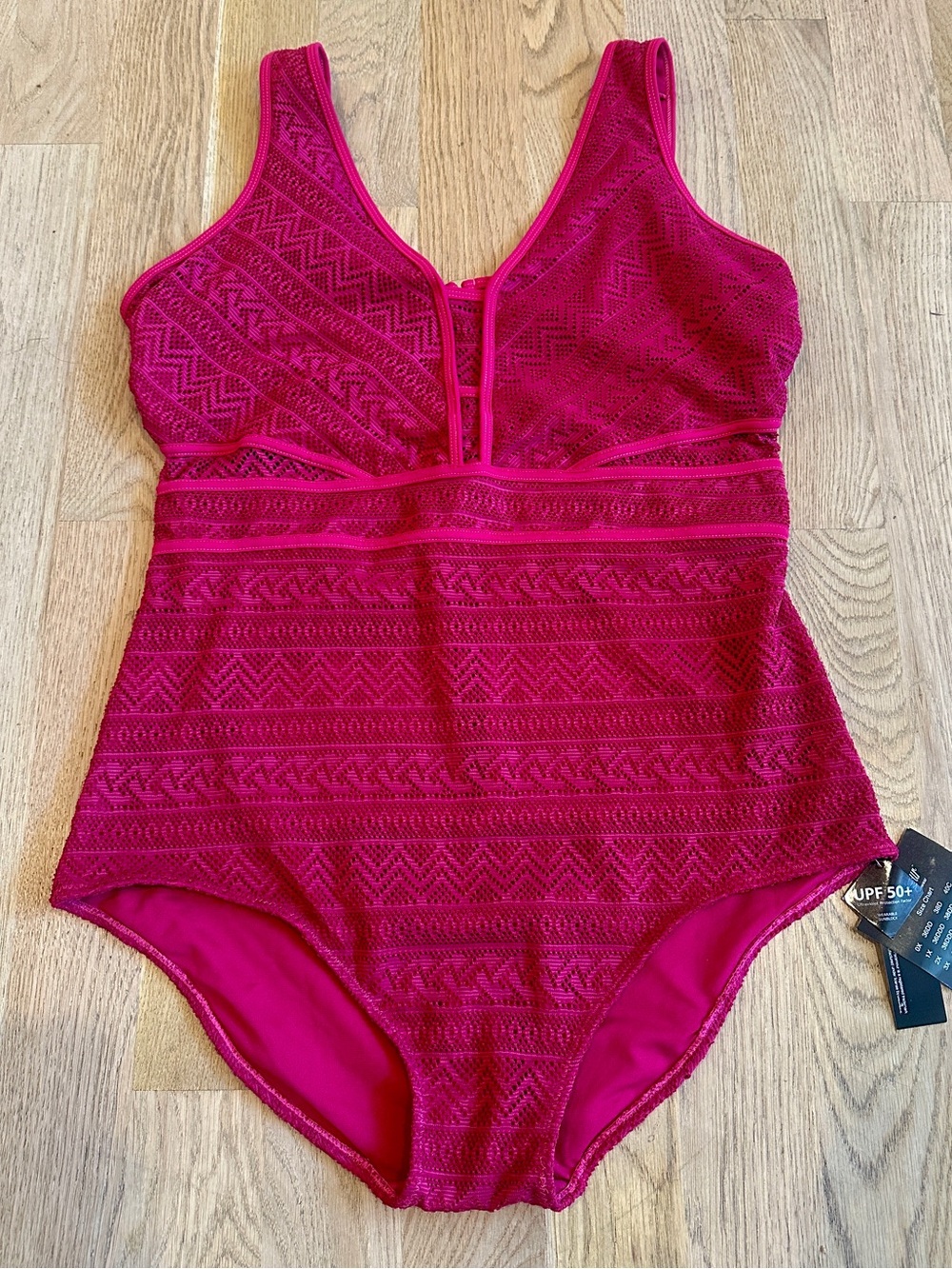 Paramour Pink Crochet Lace One Piece Swimsuit UPF 50+ Cutout Back 2X NWT